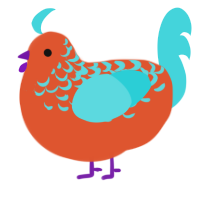 A vermilion and aqua chicken with a half-lace pattern