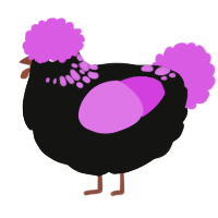 A black and orchid chicken with a neck-speckle pattern