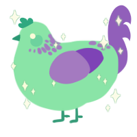 A mint and blurple chicken with a neck-speckle pattern