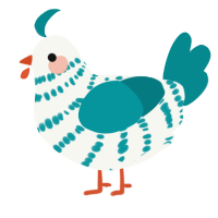 A white and teal chicken with a bar pattern