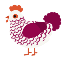 A white and maroon chicken with a lace pattern