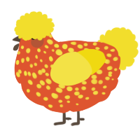 A vermilion and yellow chicken with a speckle pattern