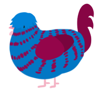A sapphire and maroon chicken with a bar pattern
