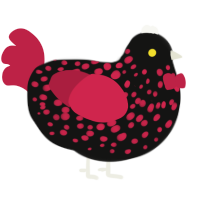 A black and crimson chicken with a speckle pattern