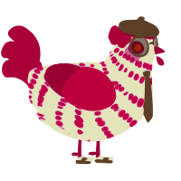 A white and maroon chicken with a bar pattern