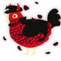A crimson and black chicken with a lace pattern