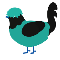 A turquoise and black chicken with a head pattern