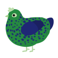 A viridian and navy chicken with a speckle pattern