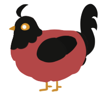 A red and black chicken with a head pattern