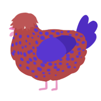 A red and indigo chicken with a speckle pattern