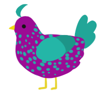 A plum and turquoise chicken with a speckle pattern