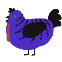 A indigo and black chicken with a half-bar pattern