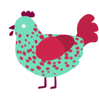 A mint and crimson chicken with a speckle pattern