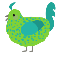 A grass and turquoise chicken with a speckle pattern