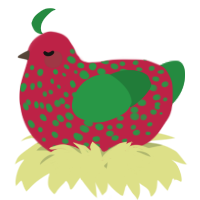 A crimson and viridian chicken with a speckle pattern