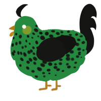 A viridian and black chicken with a speckle pattern