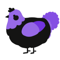 A black and blurple chicken with a head pattern