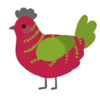 A crimson and chartreuse chicken with a half-bar pattern