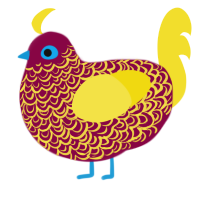 A maroon and yellow chicken with a double-lace pattern