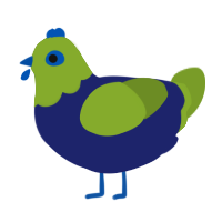 A navy and chartreuse chicken with a head pattern