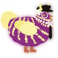 A violet and yellow chicken with a bar pattern