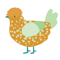 A orange and gluppy chicken with a speckle pattern