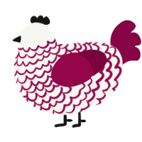 A white and maroon chicken with a lace pattern
