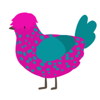 A fuchsia and teal chicken with a speckle pattern