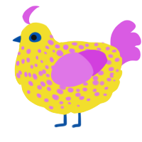 A yellow and orchid chicken with a speckle pattern