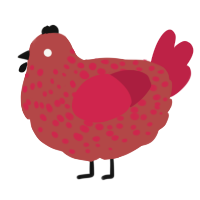 A red and crimson chicken with a speckle pattern