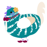 A teal and cream chicken with a bar pattern
