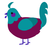 A wine and teal chicken with a head pattern