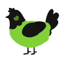 A grass and black chicken with a head pattern