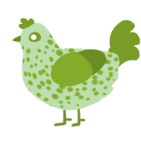 A gluppy and chartreuse chicken with a speckle pattern