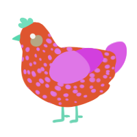 A vermilion and orchid chicken with a speckle pattern