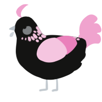 A black and pink chicken with a neck-speckle pattern