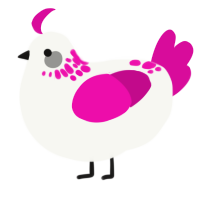 A white and fuchsia chicken with a neck-speckle pattern