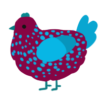 A maroon and cerulean chicken with a speckle pattern