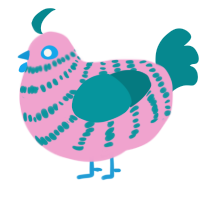 A pink and teal chicken with a bar pattern
