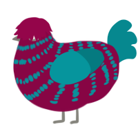 A maroon and teal chicken with a bar pattern