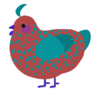 A red and teal chicken with a speckle pattern