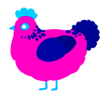 A fuchsia and navy chicken with a neck-speckle pattern