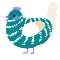 A teal and cream chicken with a bar pattern