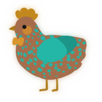 A brown and turquoise chicken with a speckle pattern