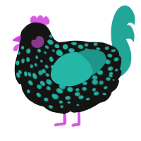 A black and turquoise chicken with a speckle pattern