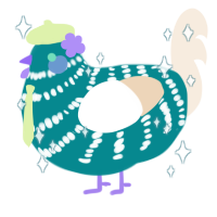 A teal and cream chicken with a bar pattern