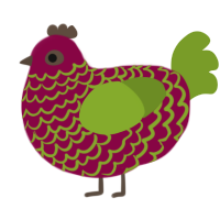 A maroon and chartreuse chicken with a lace pattern
