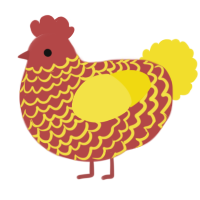 A red and yellow chicken with a lace pattern