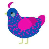 A ultramarine and fuchsia chicken with a speckle pattern