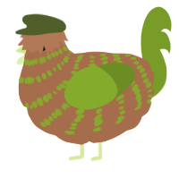 A brown and chartreuse chicken with a bar pattern